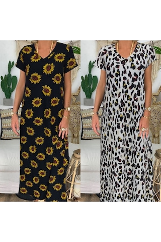 De'charme Kadın Kısa Kollu V Yaka Tam Boy Zebra Desen Pegasus Kumaş Elbise Leopar