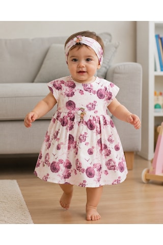 Babyhola Kız Bebek Çiçek Desenli Elbise Külot Ve Saç Bandı 3 Lü Takım Özel Gün & Doğum Günü Elbisesi Göründüğü Gibi