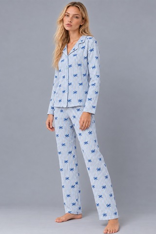 Kadın Gömlek Yaka Desenli Mavi Pijama Takımı 4816