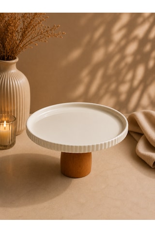 Ahşap Ayaklı Porselen Sunumluk İkramlık Kase Sunum Tabağı Tabak 10 20cm Beyaz