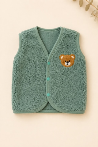 Beniizle Ayıcık Nakışlı Çıtçıtlı Welsoft Unisex 2'li Bebek Yelek Yeşil