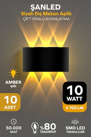 Dekoratif 10w Çift Yönlü Iç-dış Mekan Siyah Kasa Gün Işığı Duvar Aplik-10 Adet Amber Rengi