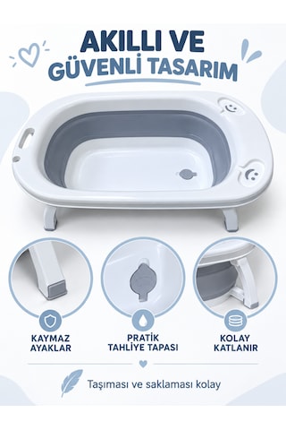 Beylini Katlanabilir Bebek Küveti Soft Silikon Destekli Banyo Akordion Duş Oyun Alanı Gri