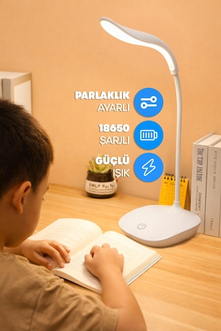 Şarjlı Masa Lambası Işık Ayarlanabilir Ders Çalışma Okuma Işığı Beyaz Işık Gy002 Beyaz