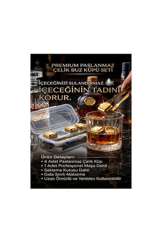 4 Adet Paslanmaz Çelik Buz Kalıbı Viski Soğutma Taşı Maşalı Yeniden Kullanılabilir Buz Viski Taşı Altın