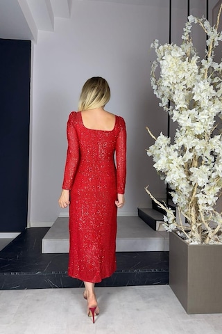Ges Moda G1040 Kare Yaka Payet Abiye Elbise Kırmızı-kırmızı Kırmızı