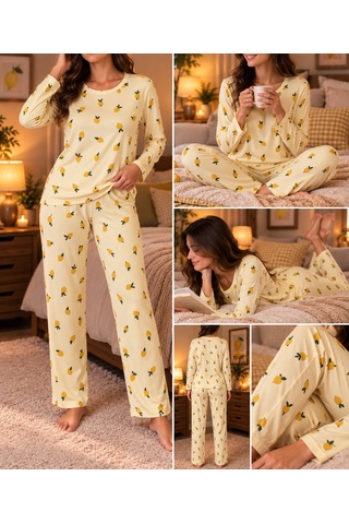 Lila İç Giyim Kadın Süet Limon Desenli Uzun Kollu Pijama Takımı Rahat Kesim Ev Giyim Seti Sarı