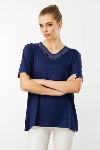 Desen Triko Kadın V Yaka Yakası Taşlı Penye T-shirt 25751 Lacivert Lacivert