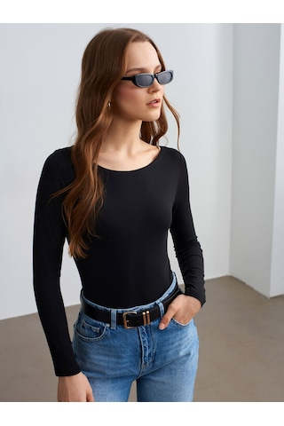 Dilvin 32549 Kayık Yaka Bodysuit-siyah Siyah