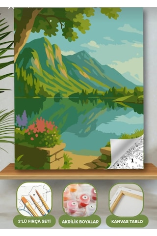 Denic Sayılarla Boyama Seti 40x50 Cm (Çıtalı) Fırça Boya Dahil Numaralı Tuval Dağ Manzara