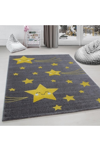 Sevimli Yıldız Desenli Soft Çocuk Odası Halısı Gri Sarı Renkli Sarı