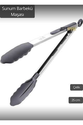 Sunum Maşası Barbekü Maşası Mangal Maşa Silikon Salata Maşası Gri 25 Cm