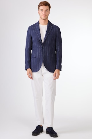 Dufy Lacivert Erkek Regular Fit Çizgili Sivri Yaka Keten Ceket - 104439 Lacivert