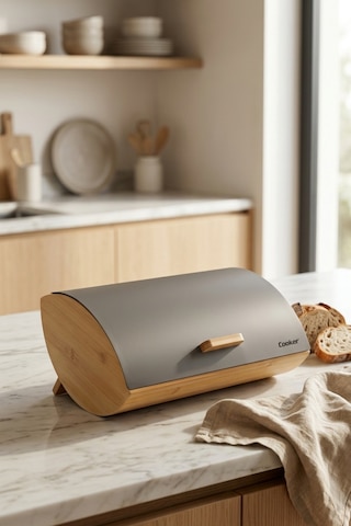 Cooker Novella Metal Kapaklı Bambu Ekmek Kutusu Ckr4543 Gri