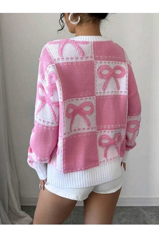 Sayzen Your Shine Kurdele Işlemeli Kareli Oversize Kazak Sy-2502 Pembe