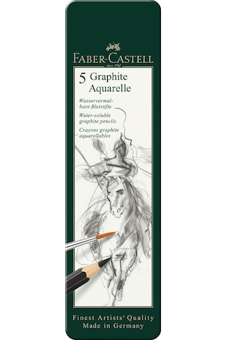 Faber-Castell Graphite Aquarelle Kurşun Kalem Seti, 5’li, Metal Kutu, HB 2B 4B 6B 8B, Siyah Naturel, Suda Çözünür