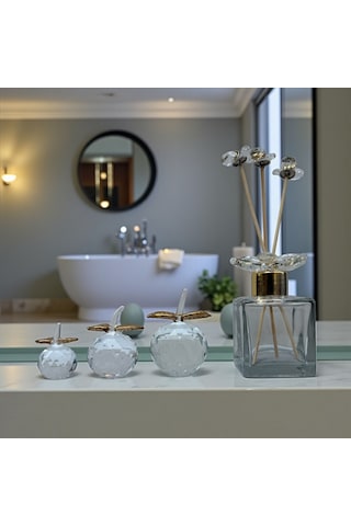 Dekoratif Kristal 7 Parça Set Üçlü Elma Ve Koku Şişesi Şeffaf Gold 01