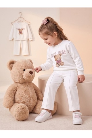 Zekids Kız Çocuk Beyaz Ayıcık Baskılı Bisiklet Yaka Eşofman Takımı-17433