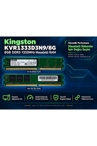 Kingston Kvr1333d3n9/8g 8gb Ddr3 1333mhz Cl9 240 Pin Masaüstü Ram