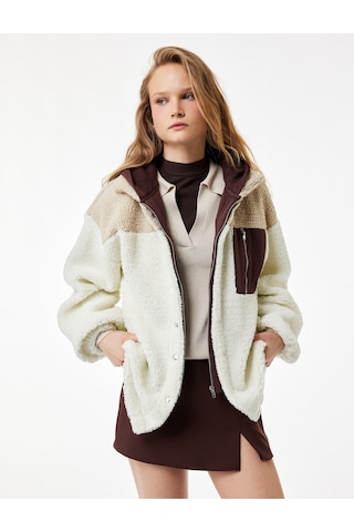 Koton Kapüşonlu Renk Bloklu Cep Detaylı Çıtçıt Düğmeli Oversize Peluş Ceket Ekru 6wal10124ık