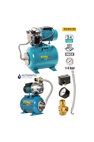 Staxx 24ltje Yüksek Basınçlı Ev Tipi Paket Hidrofor Tank Seti 3-4 Bar Paslanmaz Gövdeli Jet 1.5 Hp