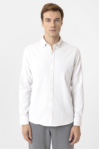 Süvari Ekru Slim Fit Desenli Düğmeli Yaka Gömlek