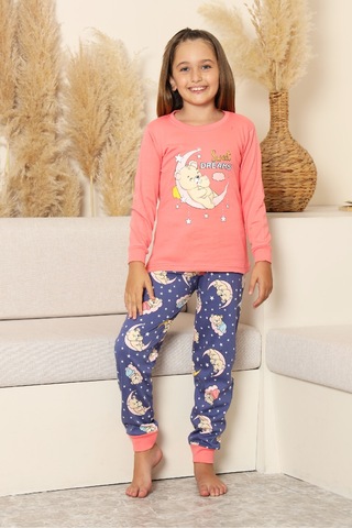 Kız Çocuk %100 Pamuk İnterlok Kumaş Pijama Takımı 6-15 Yaş 12421 Somon Rengi