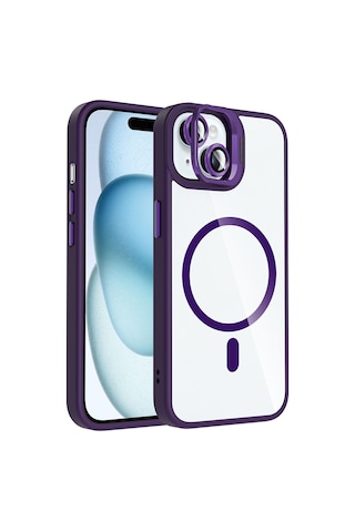Apple iPhone Uyumlu 15 Kılıf Standlı + Kamera Lens Koruma Setli M-safe Şarj Özellikli Mkst Etro Kapak Derin Mor Derin Mor
