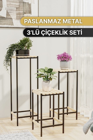 Bino Çiçeklik 3 Lü Set Ahşap Saksılık Dekoratif Lüks Bahçe Mobilyası Saksı Standı Bahçe Balkon Rafı