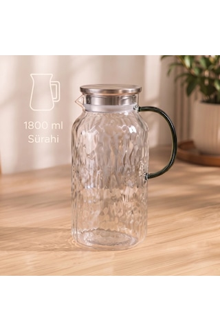 Özel Üretim Şık Yeşil Kulplu Lüks 5 Parça Bardaklı Sürahi Seti Cam 1800 Ml Sürahi 4 Bardak