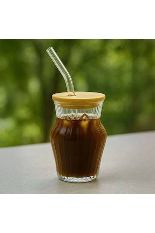 Çizgili Chubby Borosilikat Cam Bardak 500 Ml - Bambu Kapaklı Şeffaf