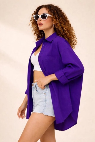 Rouge Basıc Oversize Keten Dokulu %100 Pamuk Salaş Gömlek Mor