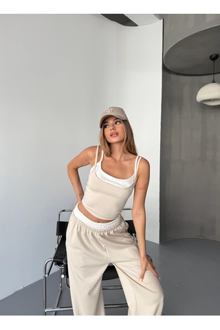 Kadın Çift Kat Detaylı Modal Dokulu Alt Üst Takım Krem