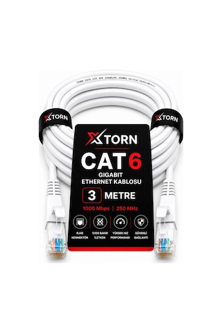 Torn Cat6 Ethernet Kablosu 3 Metre Rj45 Lan İnternet Modem Router Bilgisayar Kablosu