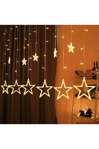 Led Perde Fişli Dekoratif Yıldızlı Saçaklı 12 Adet Yıldız