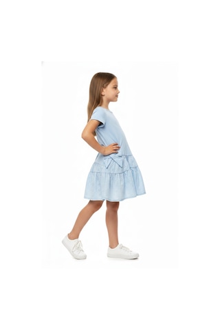 Toontoy Kids Toontoy Kız Çocuk Regular Fit Bisiklet Yaka Fiyonk Detaylı Brode Etekli Kısa Kollu Elbise 25050 Açık Mavi
