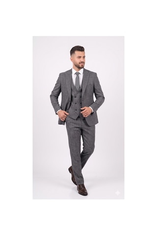 Modmen Erkek İtalyan Kesim Yelekli Takım Elbise Beyaz Desenli Gri
