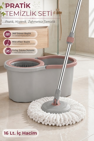 16lt. 360 Döner Başlıklı Temizlik Seti - Mikrofiber Mop Ve Kolay Sıkma Sistemi