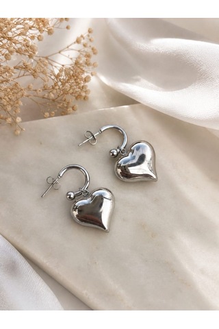 Cm Jewelry Kalp Detaylı Gümüş Renk Çelik Küpe