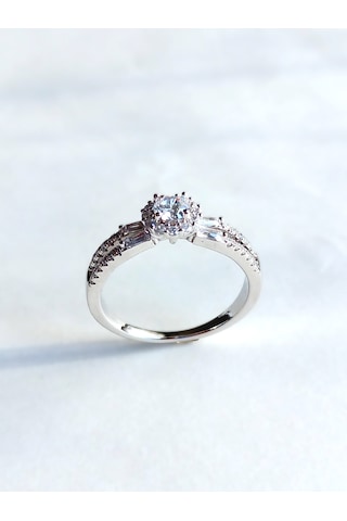 Gümüş Özel Oval Tek Taş Yarım Turlu Tasarım Kadın Yüzük