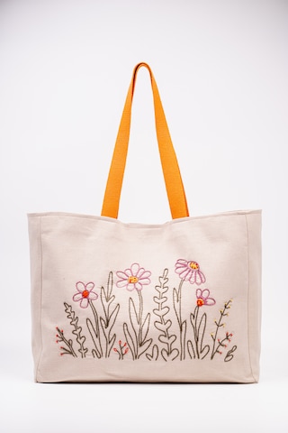 Fabric Craft Bag Omuz Çanta Nakışlı Keten Karışımlı Kumaş Tote Çanta Kahverengi - Turuncu