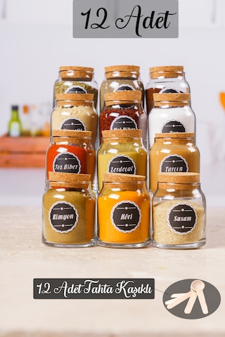 12 Adet Tahta Kaşıklı Mantar Kapak Baharatlık 300 Ml Siyah Etiket Şeffaf