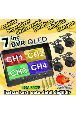 4 Adet 4x3 Cm. Ahd 720p 170 Derece Balık Gözü Lens Kamera 7 İnç 256 Gb Qled Dvr Monitör Seti 12 V