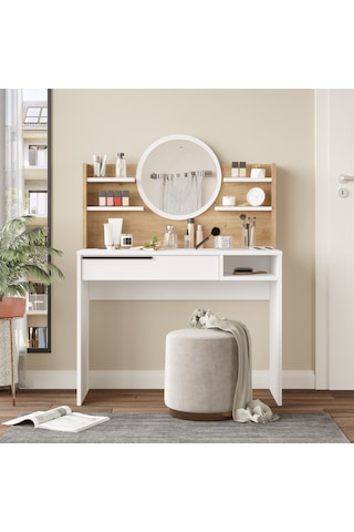 Robin Home Paris Makyaj Masası Aynalı Raflı Çekmeceli Sepet-beyaz