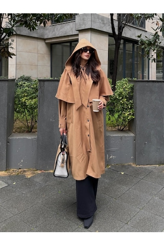 Laluvia Camel Çıkarılabilir Kapüşon Detaylı Pelerinli Trençkot - 85179 Camel