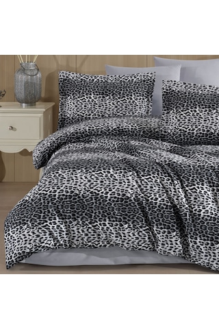Tek Kişilik Leopar Desen Nevresim Takımı 160x220 2 Yastık Kılıfı Lastikli Çarşaflı 120x200+30 Gri