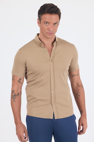 İmza Koyu Bej İtalyan Düğmeli Yaka Kısa Kol Cepsiz Slim Fit Gömlek 1004250255 Koyu Bej
