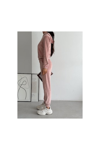 Winmoda34 Kadife Eşofman Takımı Kapişonlu Fransız Kadife Yumoş Toz-pembe
