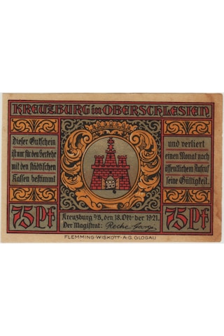 Almanya 75 Pfennig 1921 Notgeld-kreuzburg-yukarı Silezya. Çil -