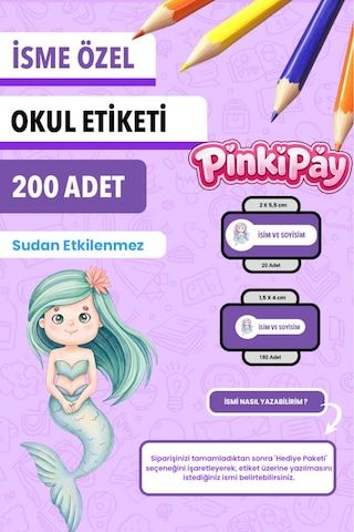 İsim Yazılabilir Sevimli Deniz Kızları Temalı Okul Etiketi Kalem & Defter İçin 200 Adet Çoklu